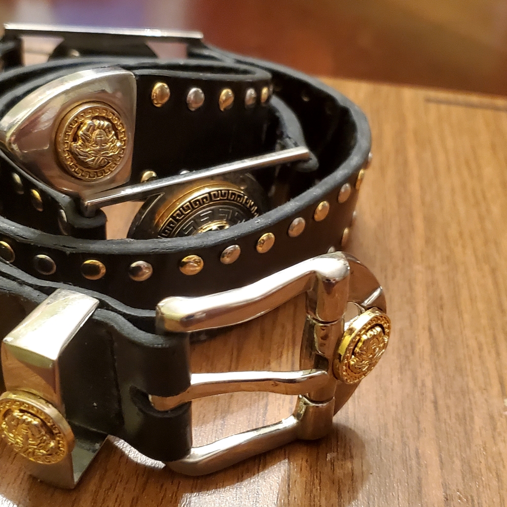 Versace Black Belt with Gold Medusa Details